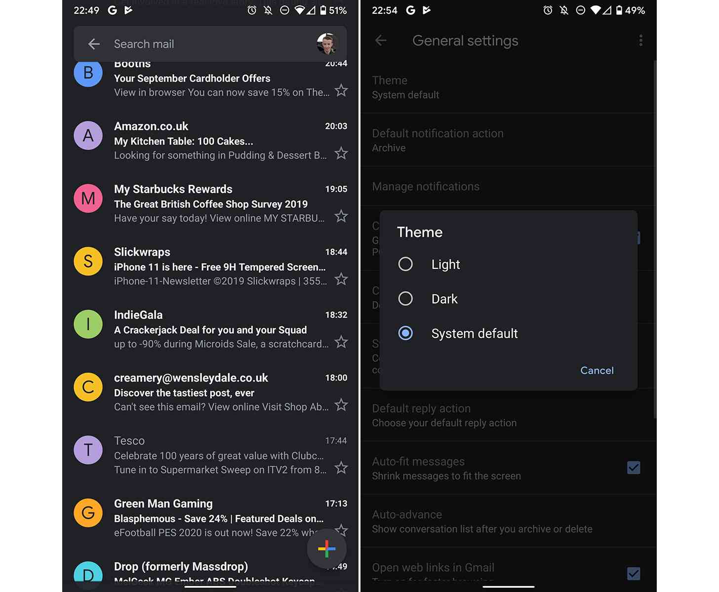 Gmail Android dark theme