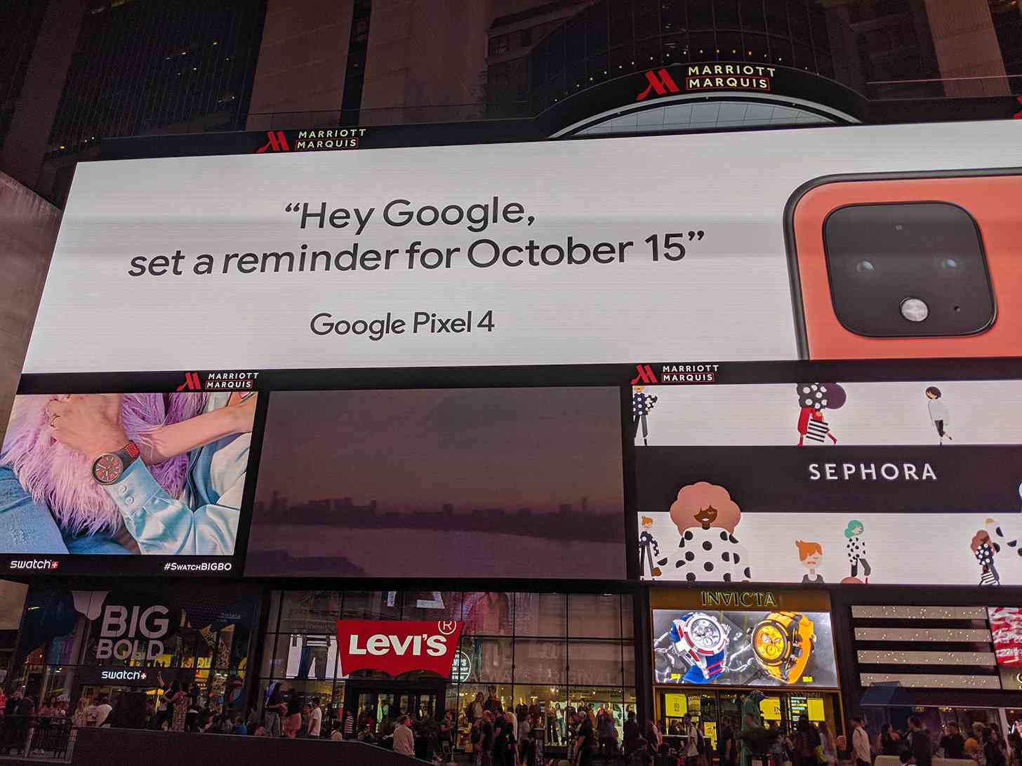 Orange Pixel 4 ad in Times Square close up