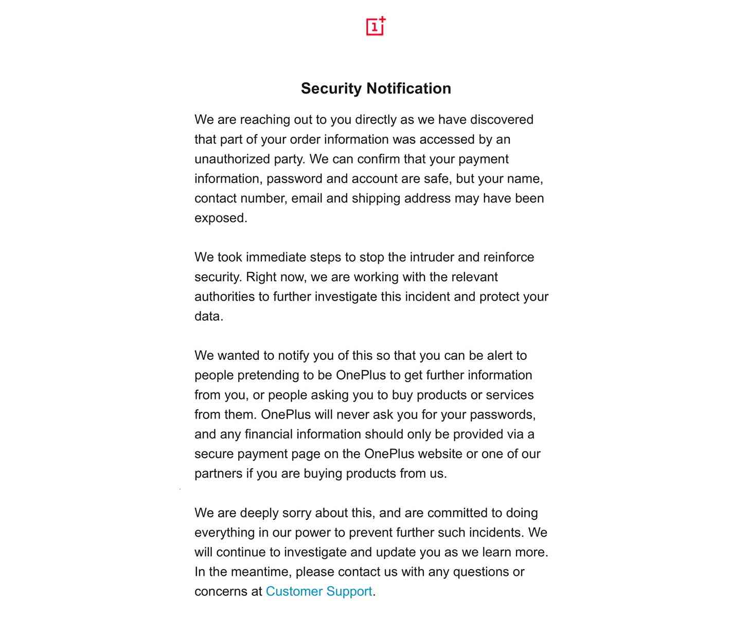 OnePlus security breach email