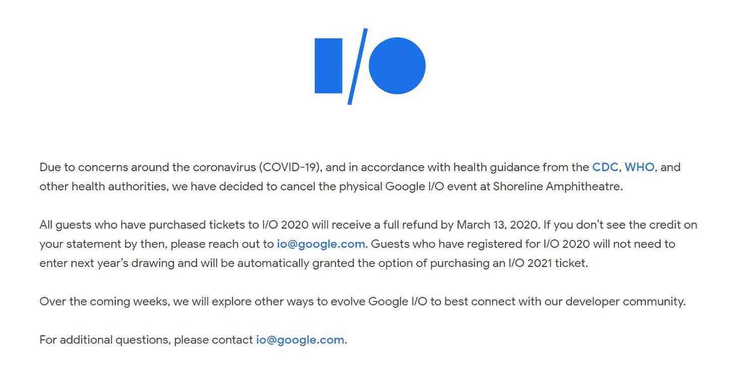 Google I/O 2020 canceled coronavirus