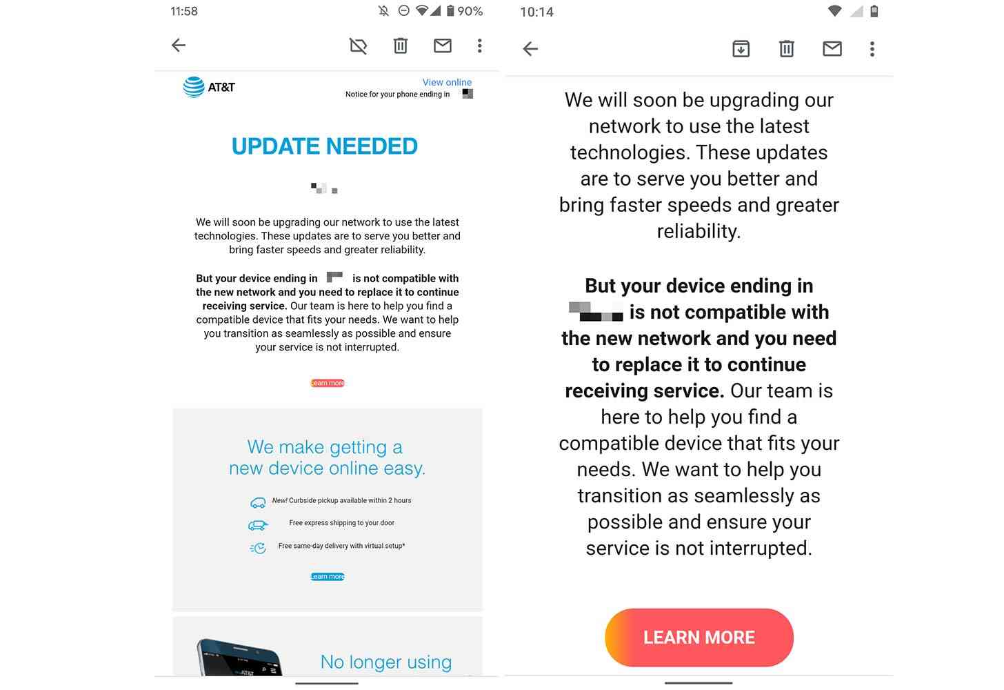 AT&T email upgrade phone before losing service