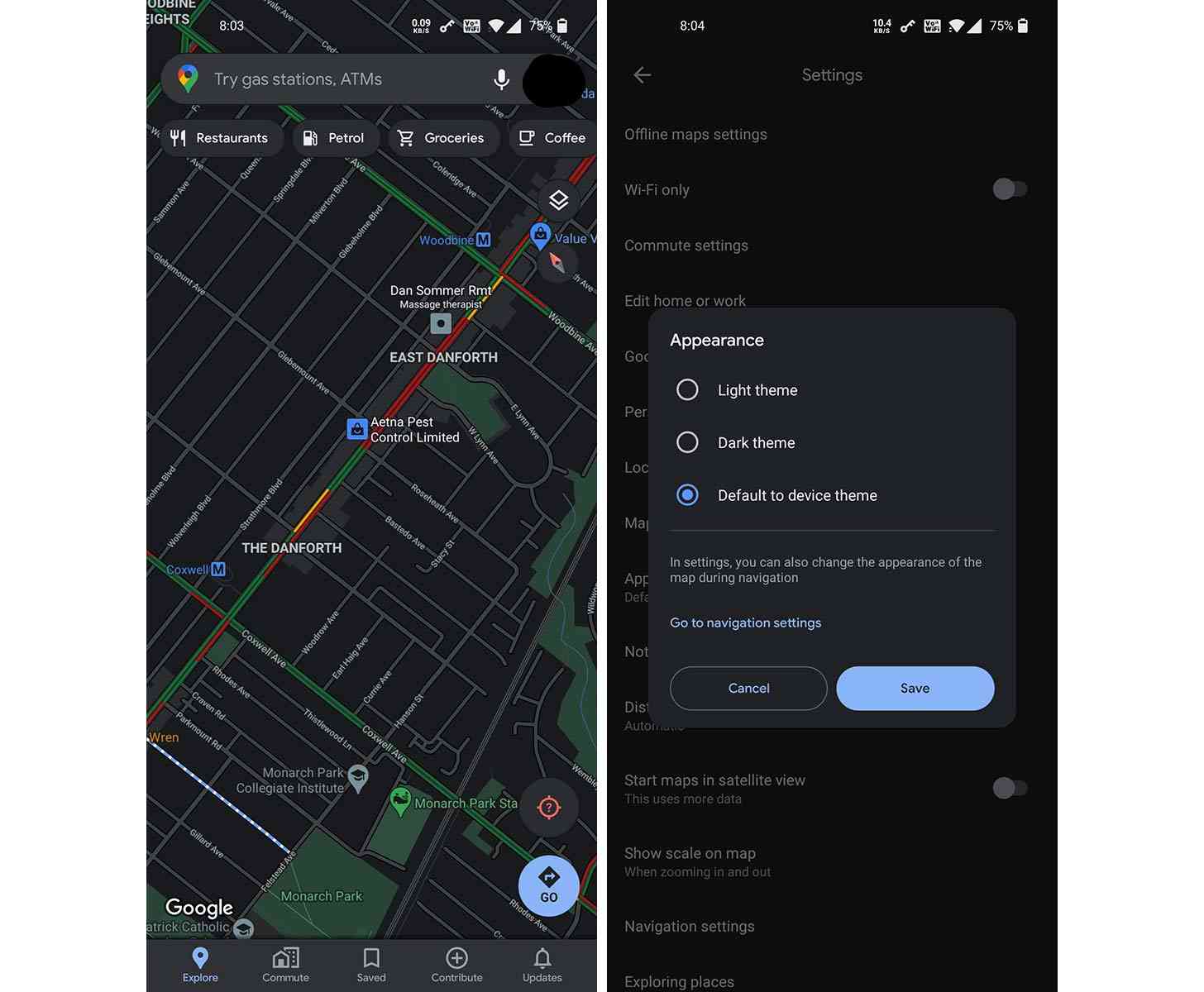 Google Maps dark mode Android
