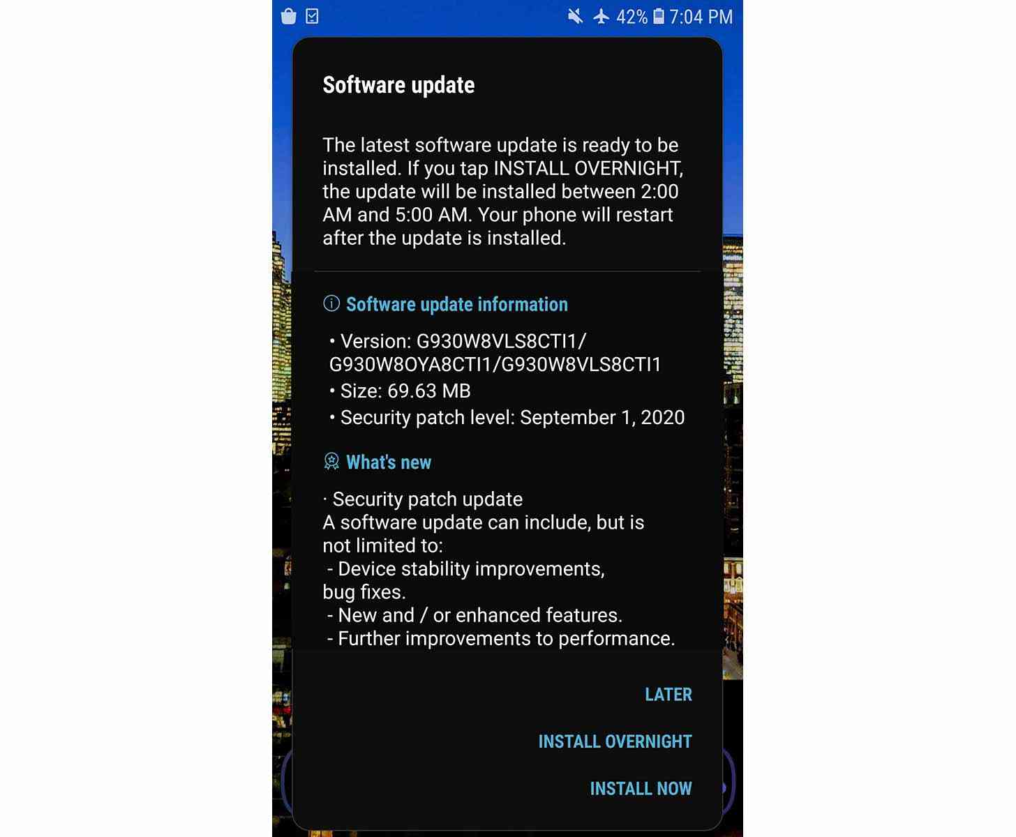 Samsung Galaxy S7 update September 2020