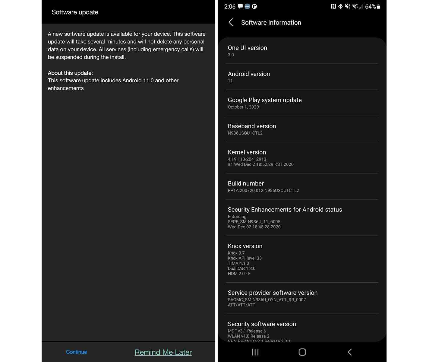 AT&T Galaxy Note 20 Android 11 update