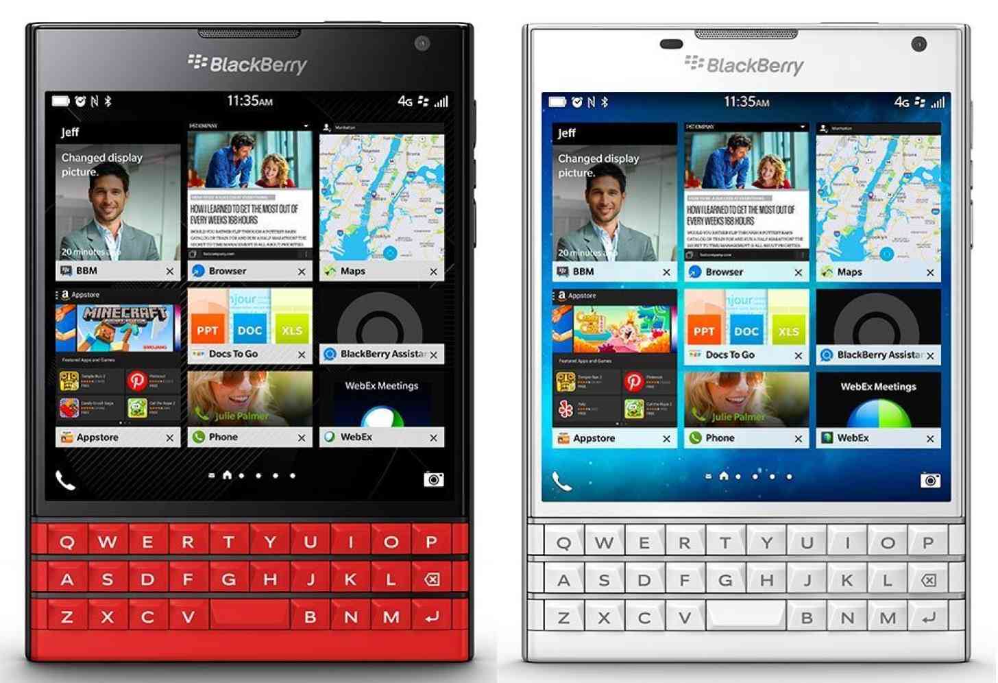 Red and white BlackBerry Passport models front