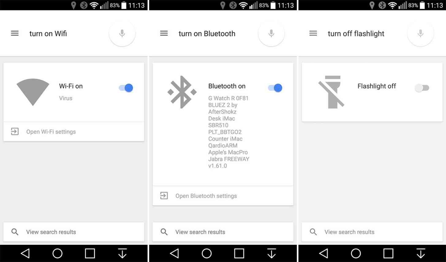 Google Search Wi-Fi, Bluetooth, flashlight Android 5.0 voice toggles
