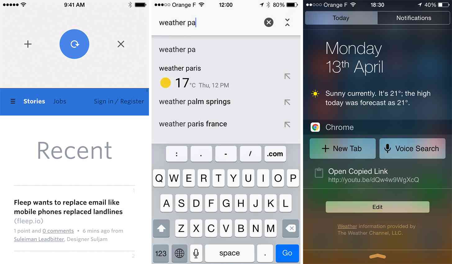 Google Chrome for iOS new pull-to-refresh, Today widget