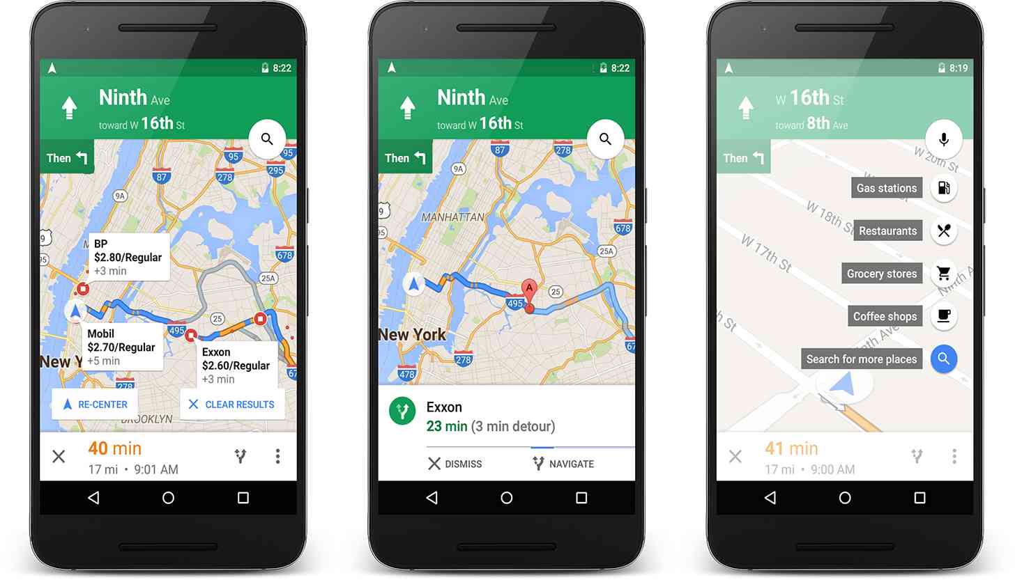 Google Maps Android app gas stations detour