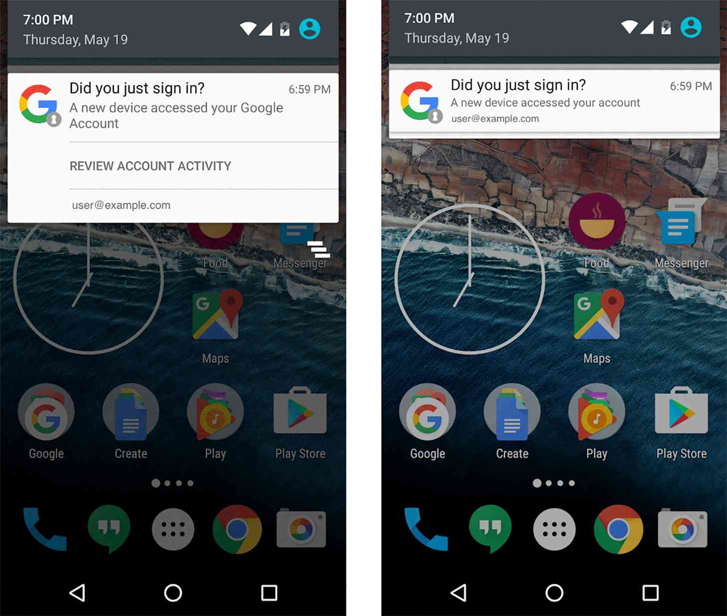 Google native Android notifications new device account