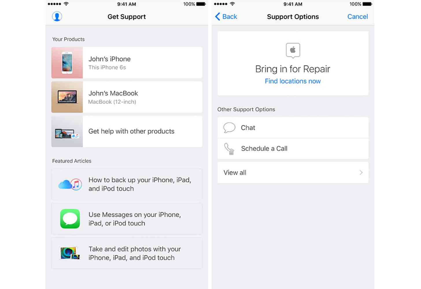 Apple Support iOS app screenshots