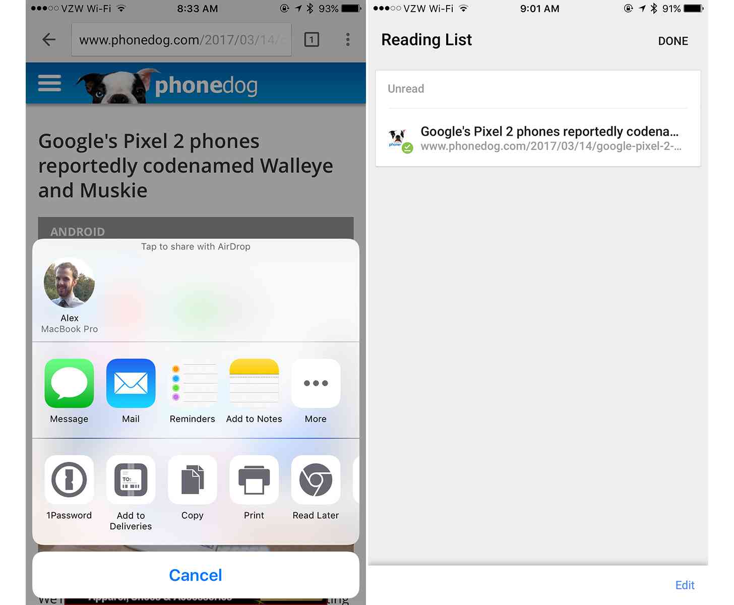 Google Chrome iOS iPhone reading list