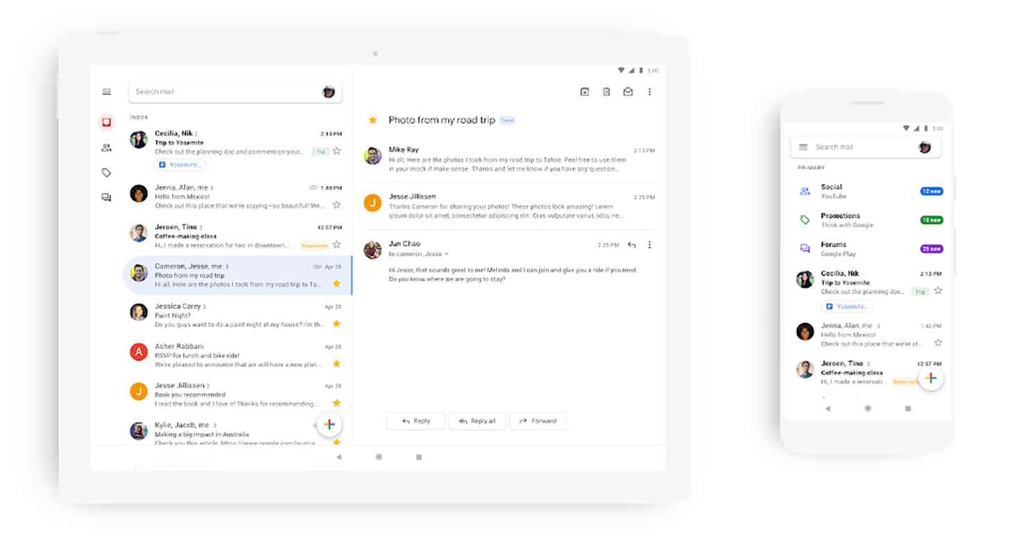 Gmail Material Theme redesign tablet