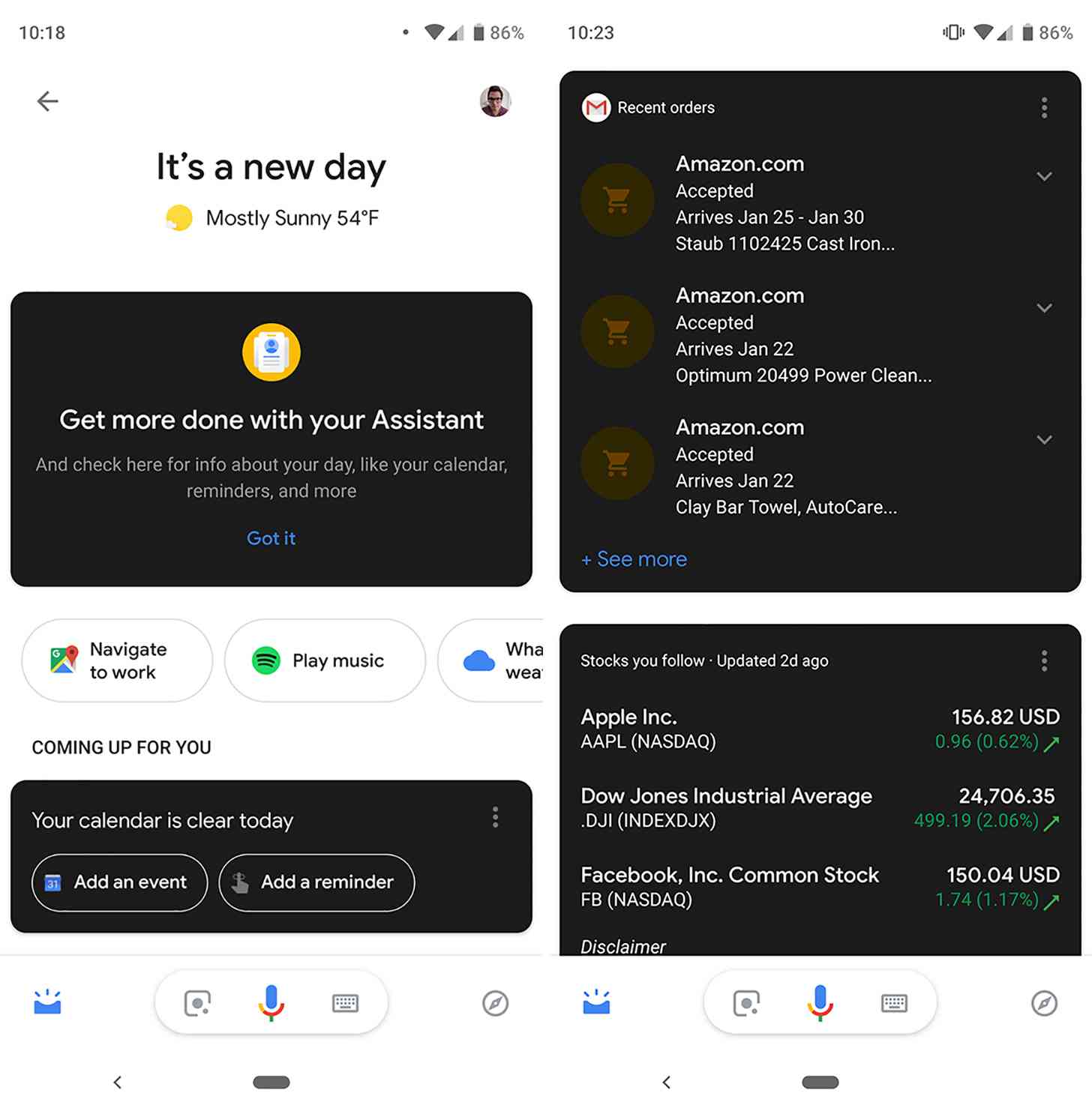 Google Assistant dark mode cards