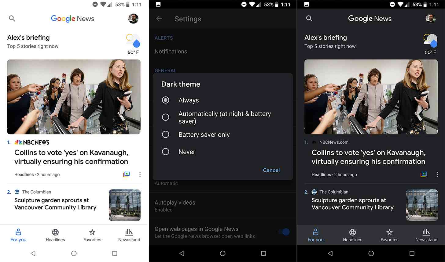 Google News dark theme Android app