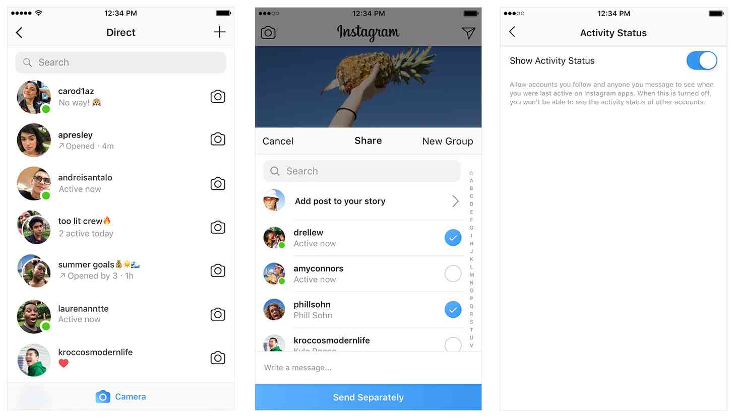 Instagram Direct messaging active now indicator