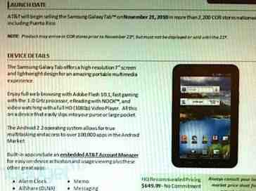 AT&T Galaxy Tab arriving November 21st with a $649.99 price tag?