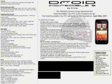 HTC DROID Incredible 2 spec sheet leaks, reaffirms April 28th launch date