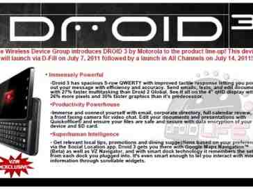 Motorola DROID 3 to be available via Verizon direct fulfillment July 7th, hitting stores on July 14th