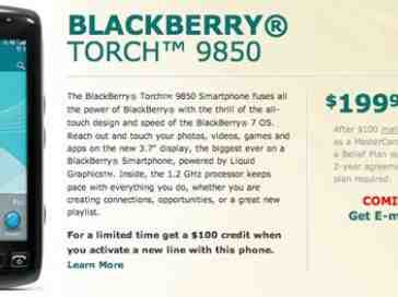 BlackBerry Torch 9850 coming to U.S. Cellular August 26th for $199.99