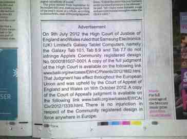 New Apple notice of U.K. Samsung Galaxy Tab ruling appears in newspapers