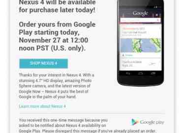 Google says Nexus 4 will be made available for purchase today at noon PST