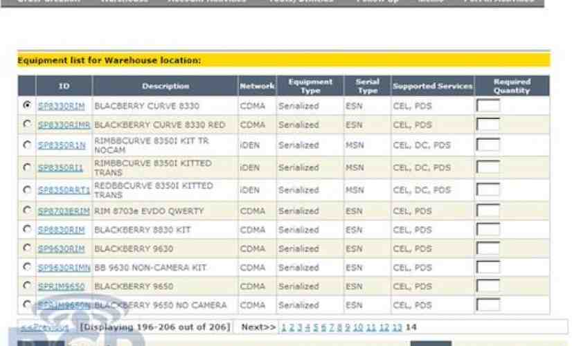 BlackBerry Bold 9650 and Pearl Flip 8230 appear on Sprint's order forms