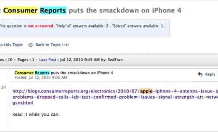 Apple deleting forum posts about Consumer Reports' iPhone 4 findings