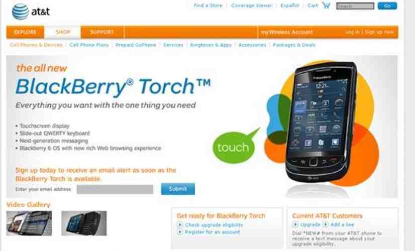 BlackBerry Torch 9800 official on AT&T website