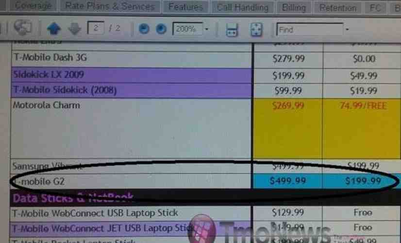 T-Mobile G2 pricing leaks out
