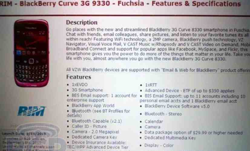 BlackBerry Curve 3G 9330 to hit Verizon on September 16th