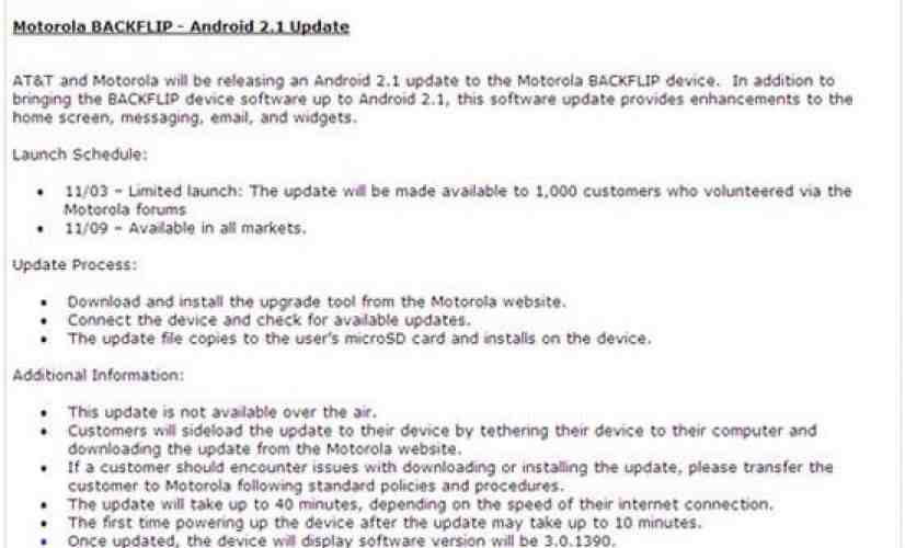 Motorola BACKFLIP finally getting Android 2.1 on November 9th