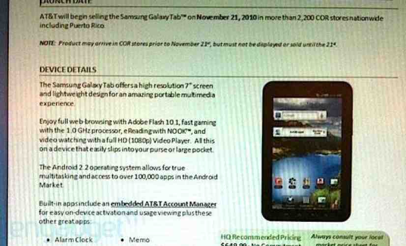 AT&T Galaxy Tab arriving November 21st with a $649.99 price tag?