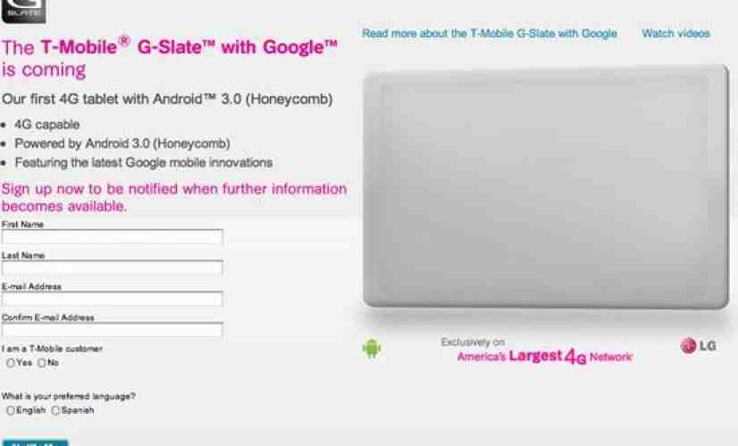 T-Mobile posts G-Slate information sign up page