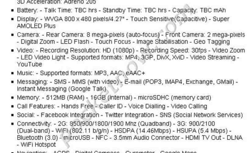 Rumor: Samsung Galaxy S2, HTC Desire 2, Desire HD2, and Wildfire 2 specs leak