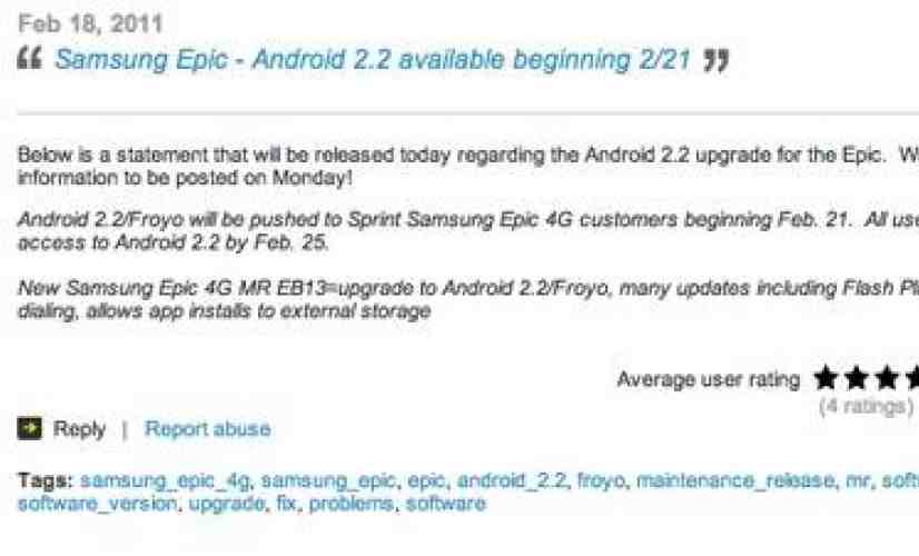 Sprint: Samsung Epic 4G Android 2.2 update begins February 21st
