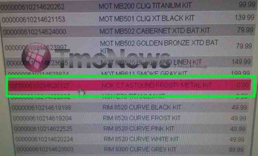 Nokia C7 spotted deep inside T-Mobile's inventory system