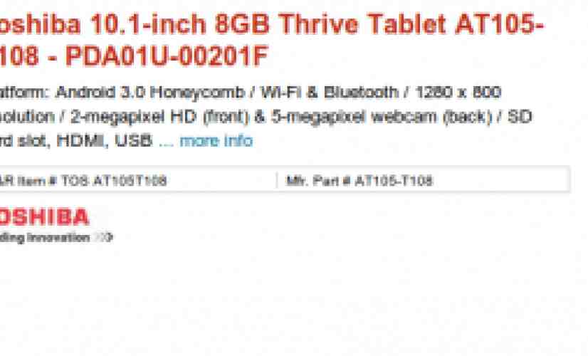 Toshiba's Honeycomb-powered Thrive tablet put up for pre-order, priced at $449.99