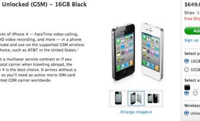 Apple begins offering unlocked iPhone 4, pricing starts at $649