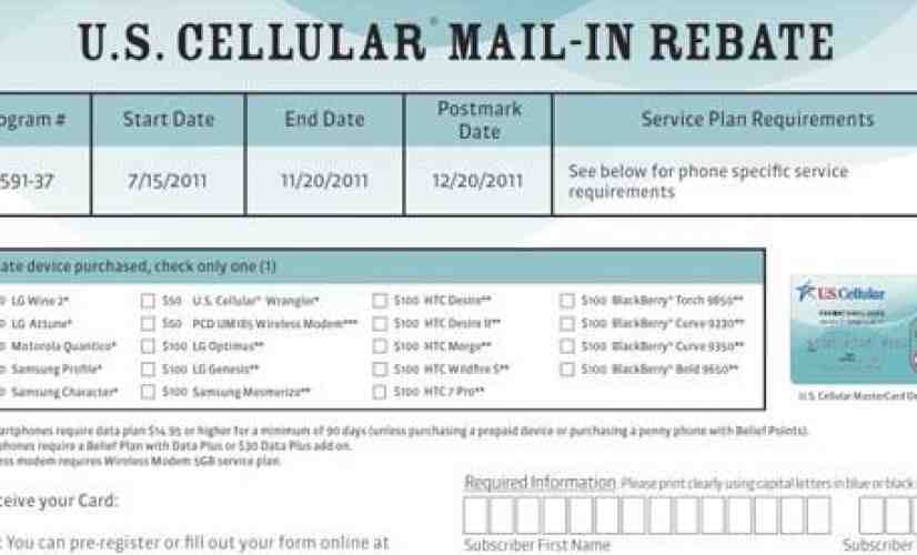 HTC Desire II, Wildfire S, BlackBerry Torch 9850, Curve 9350 appear on leaked U.S. Cellular rebate form