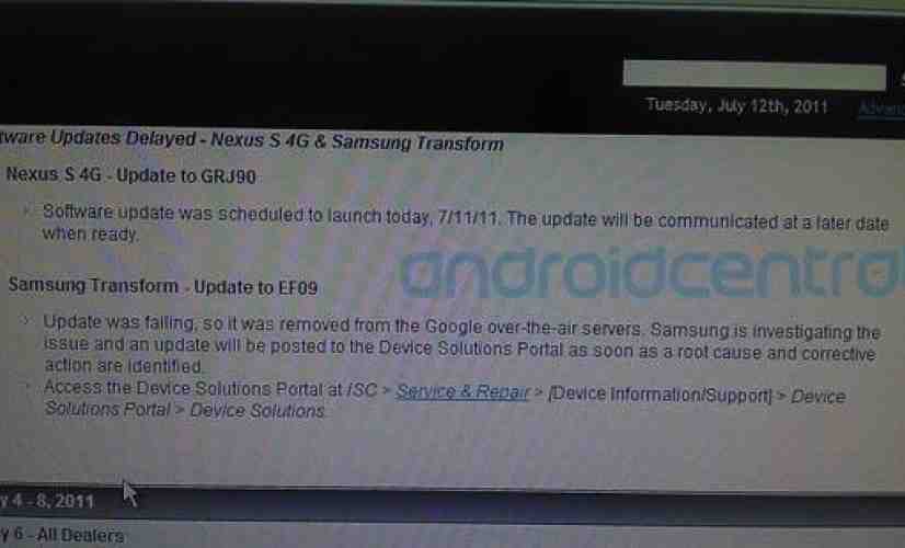 Nexus S 4G GRJ90 update delayed while Samsung Transform EF09 update gets yanked