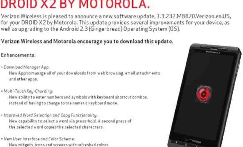 Motorola DROID X2 Gingerbread update details posted on Verizon support page
