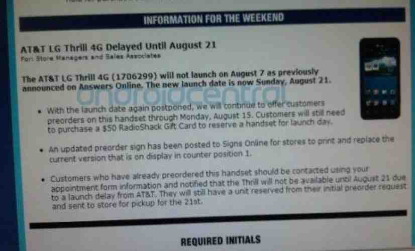 LG Thrill 4G pushed back to August 21st, leaked memo claims
