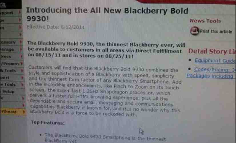 BlackBerry Bold 9930 hitting Verizon direct fulfillment on August 15th, in stores August 25th? [UPDATED]