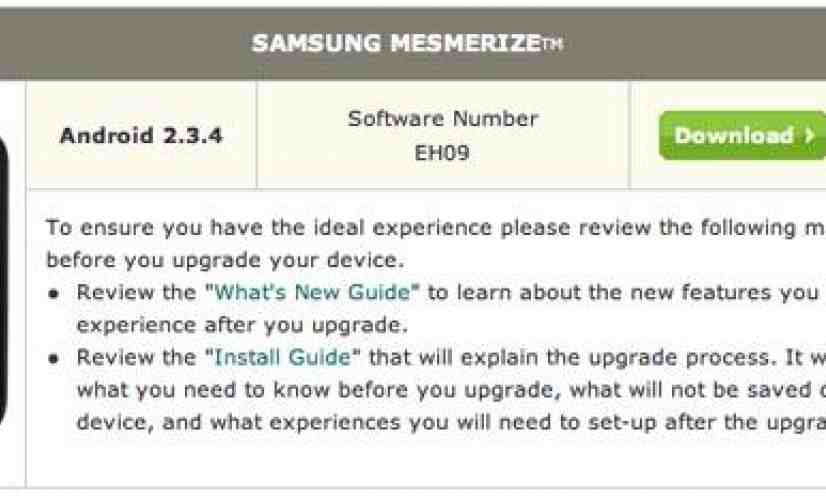 Samsung Mesmerize Android 2.3 Gingerbread update now available
