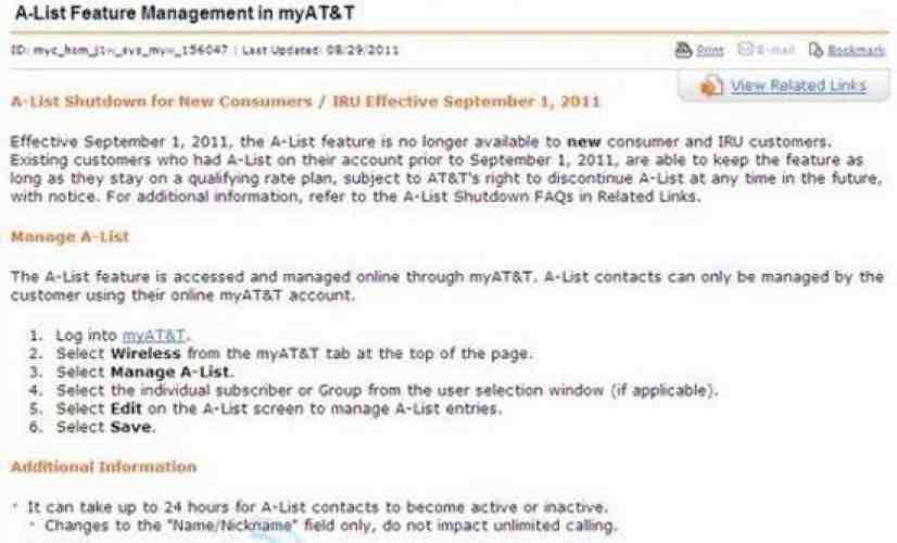 AT&T no longer offering A-List feature to new customers