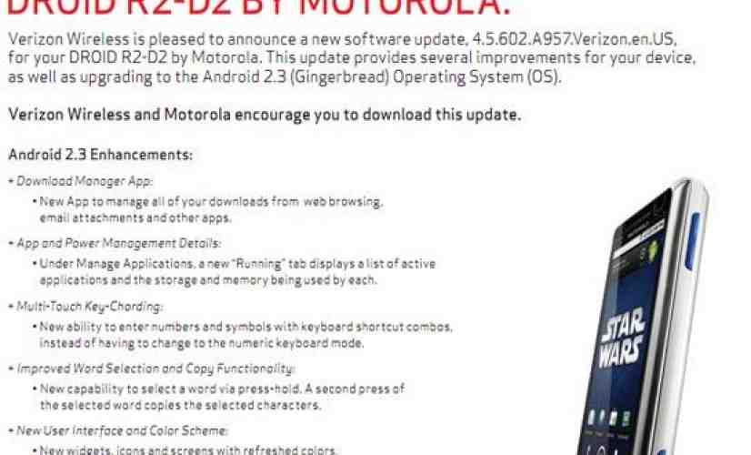 Motorola DROID R2-D2 Gingerbread update nearly ready, support docs posted by Verizon