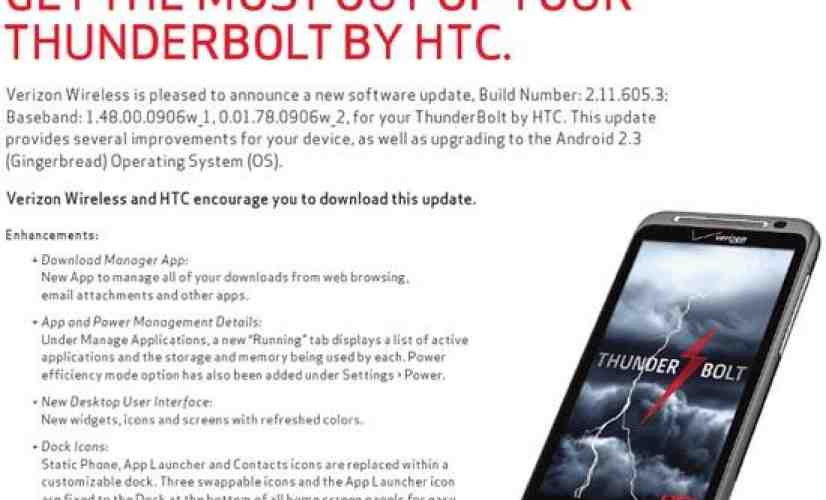 HTC ThunderBolt Gingerbread update details posted by Verizon