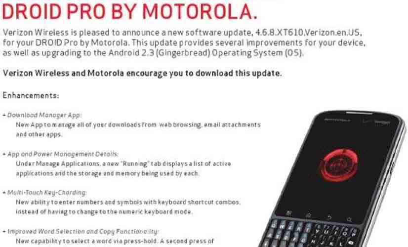 Motorola DROID Pro Gingerbread update changelog posted on Verizon support site