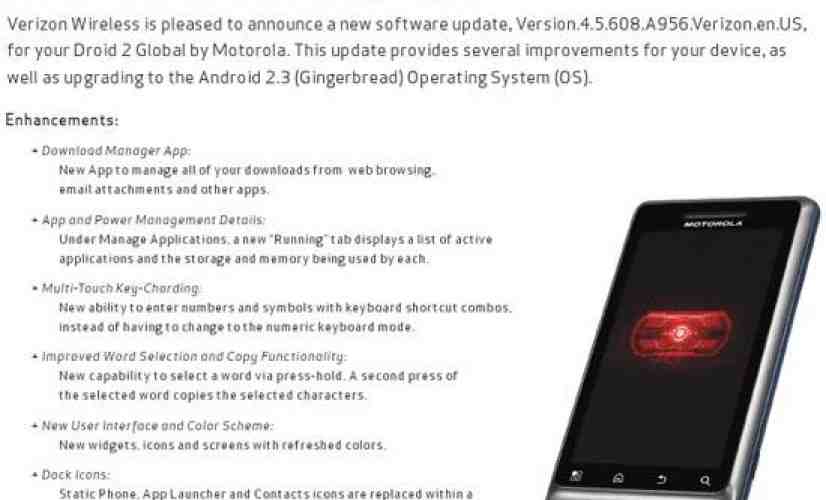 New Motorola DROID 2 Global Gingerbread update changelog posted by Verizon