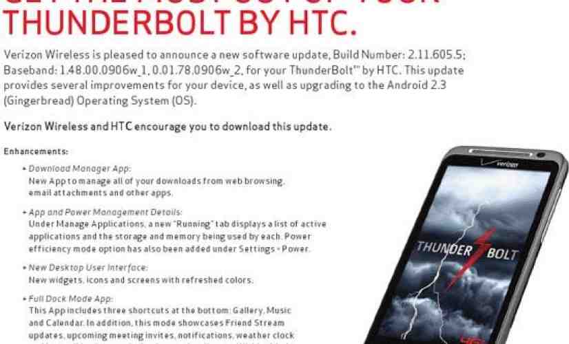 Verizon posts changelog for new HTC ThunderBolt Gingerbread update
